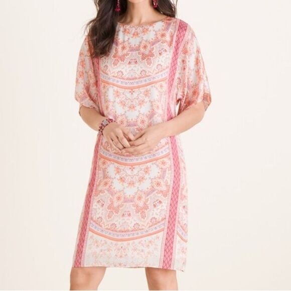 Chicos Paisley Scarf Print Shift Dress Soft Nectarine Short Sleeve Women Medium - Picture 2 of 14